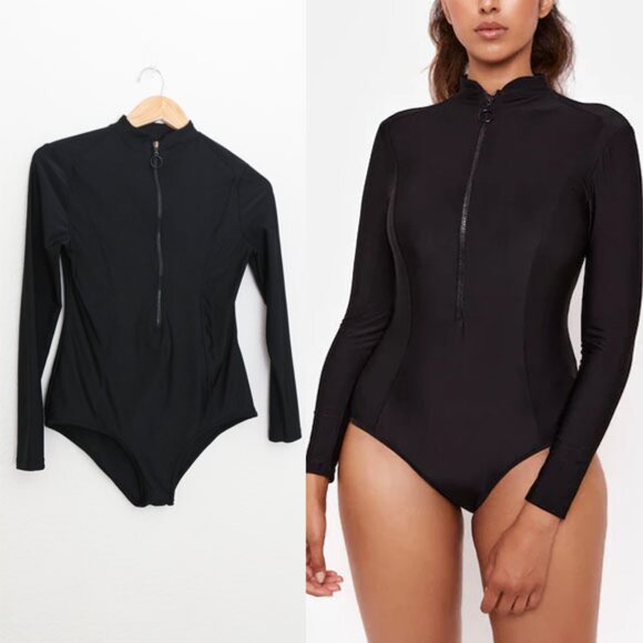 LYRA Swim Sofia One Piece Long Sleeve Black Swimsuit S Half Zip UPF 50+ Modest - Picture 1 of 14